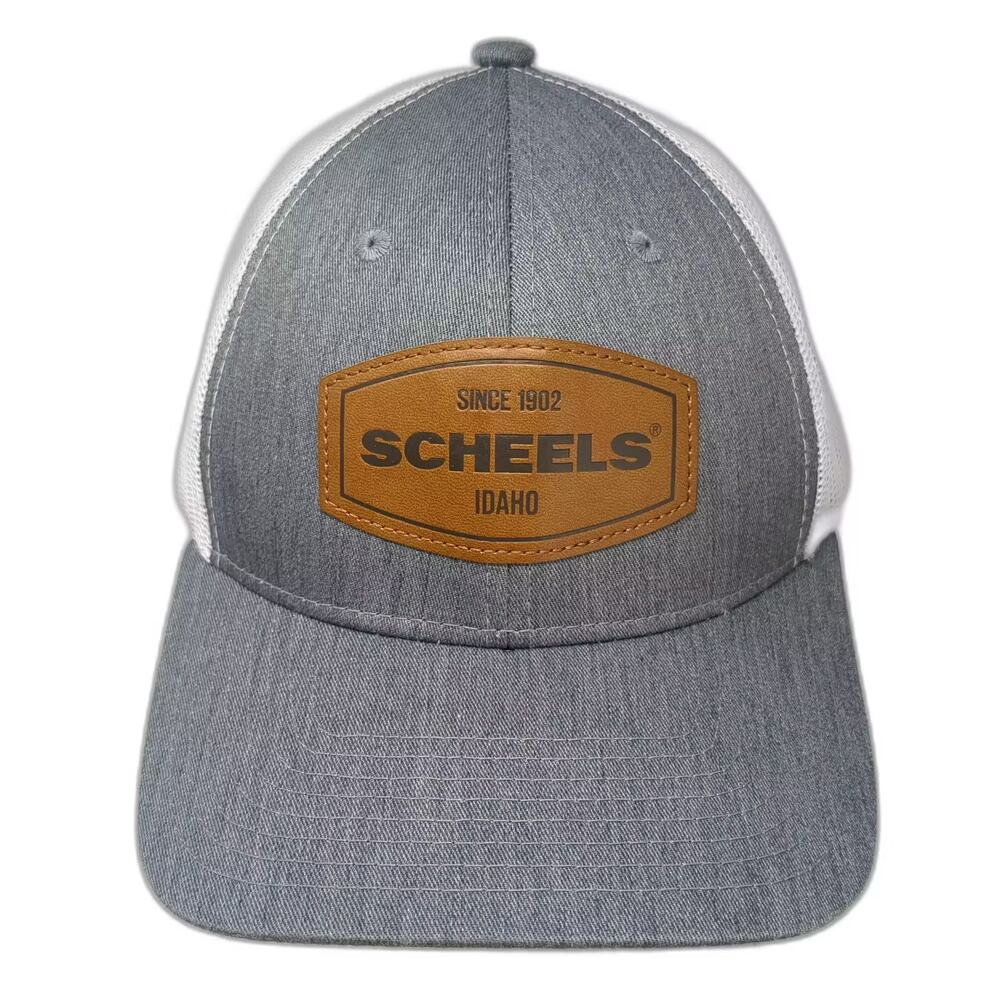 Scheels Trucker Hat Gray White OSFM Leather Patch Idaho Mesh Snapback Adjustable